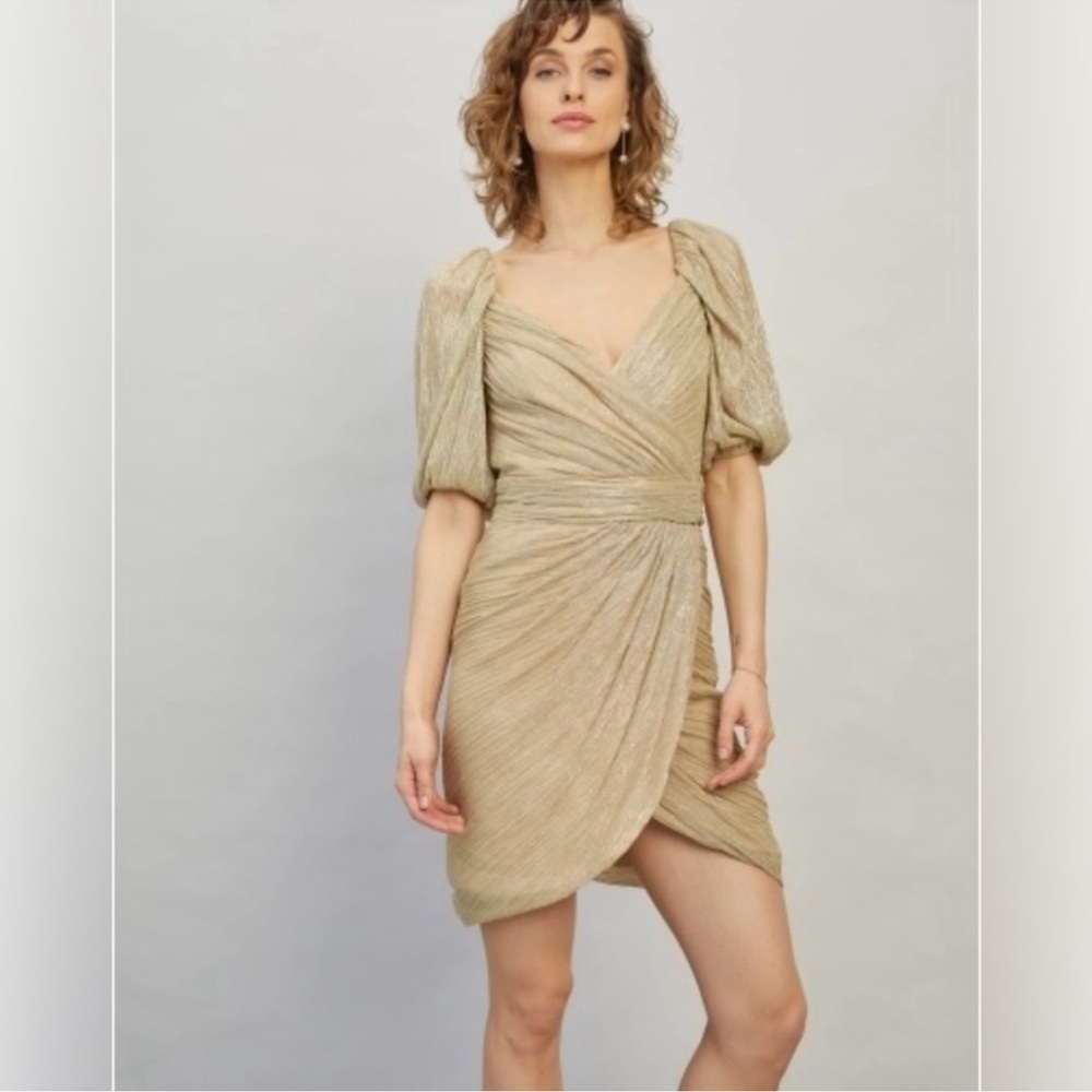 Jonathan Simkhai Metallic Gold Wrap Mini Dress with Puff Sleeves